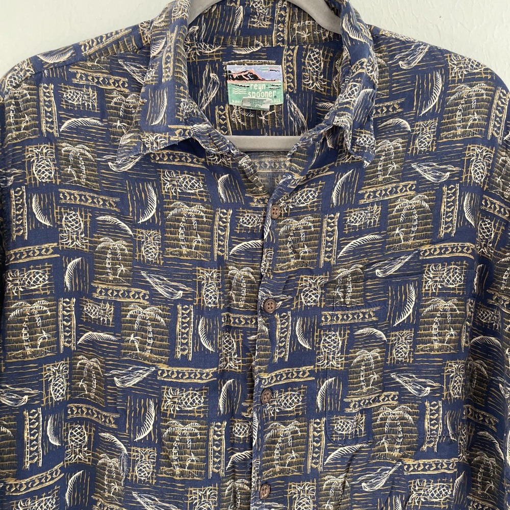 Reyn Spooner Shirt Mens Large‎ Vintage Navy Blue Palms Hawaiian Button Up Rayon - Picture 2 of 4